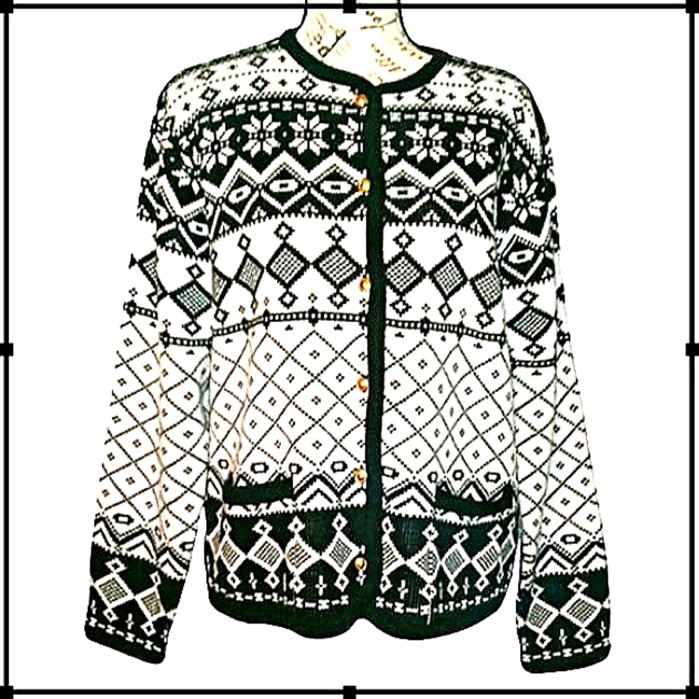 Vntg Classic Elements Black & White Fair Isle Cardigan Sweater Size Med
